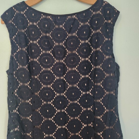 JESSICA HOWARD Navy Blue Tan Eyelet Dress Sheath Lace Knee Length Stretch Sz 14 - Picture 5 of 12